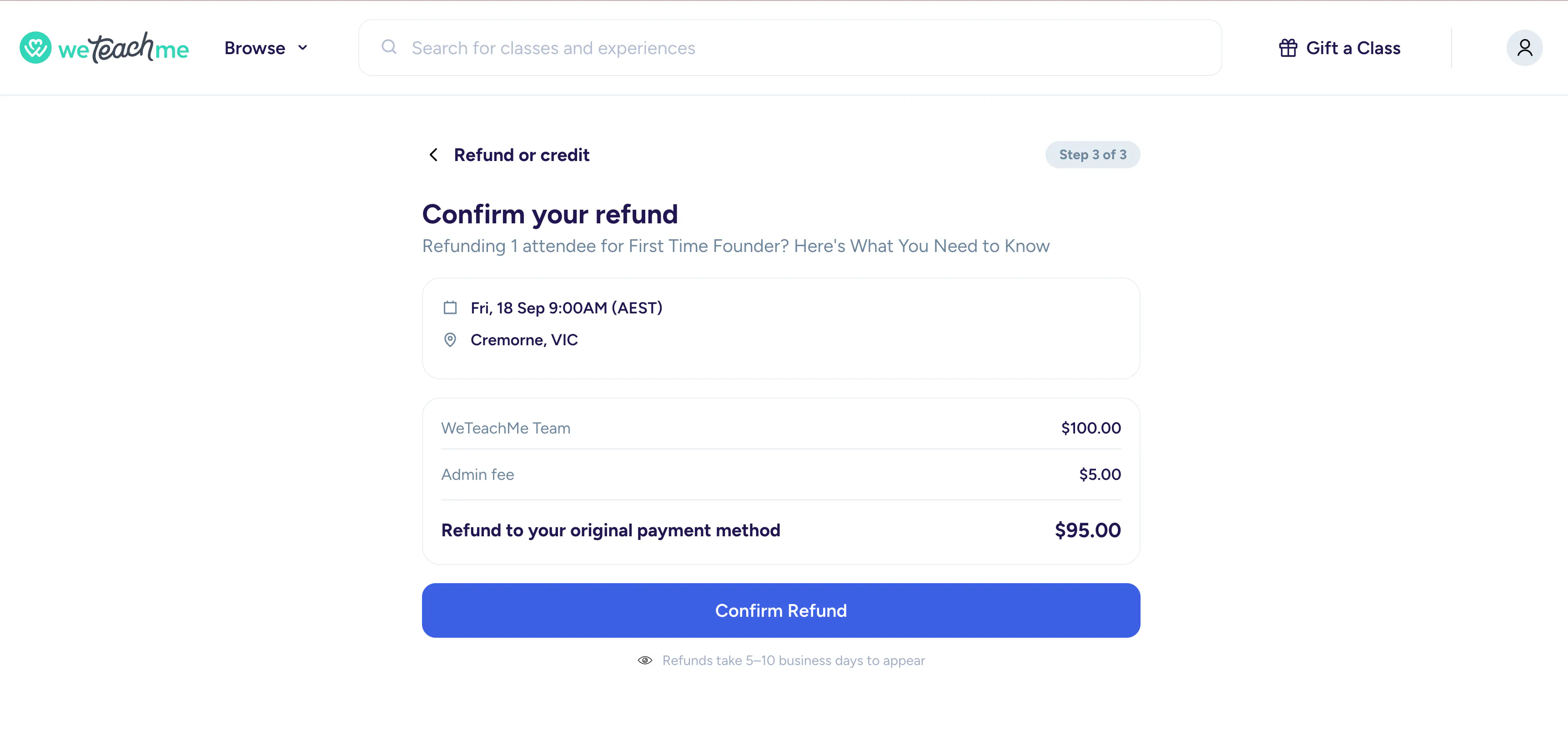The confirmation screen, showing the refund amount and any fee kept