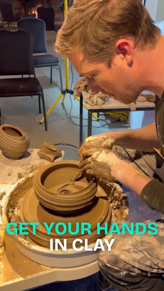 Montsalvat Clay Taster Handbuilding — hands shaping clay and finished ceramic pieces from a 2.5-hour beginner pottery class in Eltham, VIC