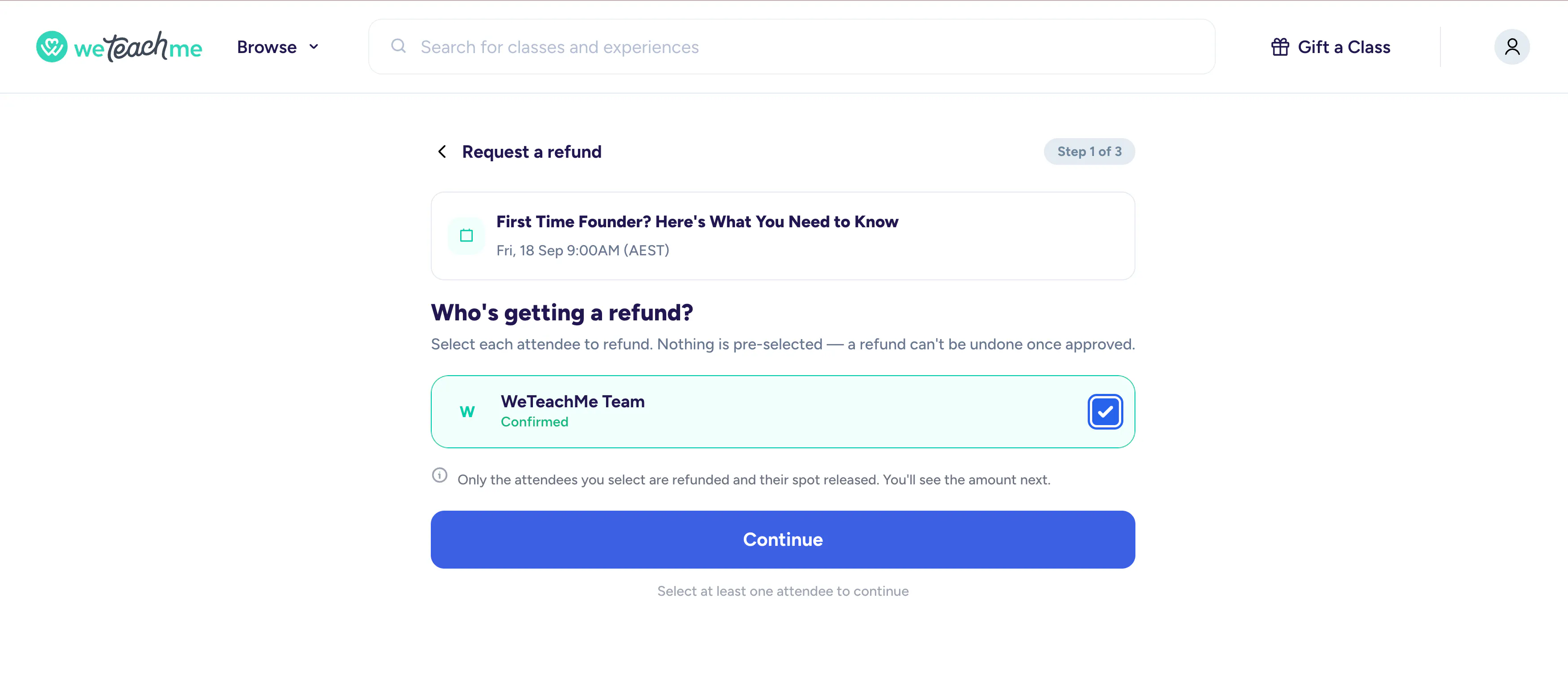 The customer picks which attendee on the booking the request applies to