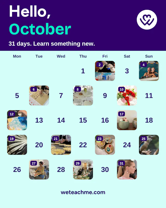 October 2026 calendar headed "Hello, October" with photos of real classes on 14 days, including painting, baking, swimming and sewing.
