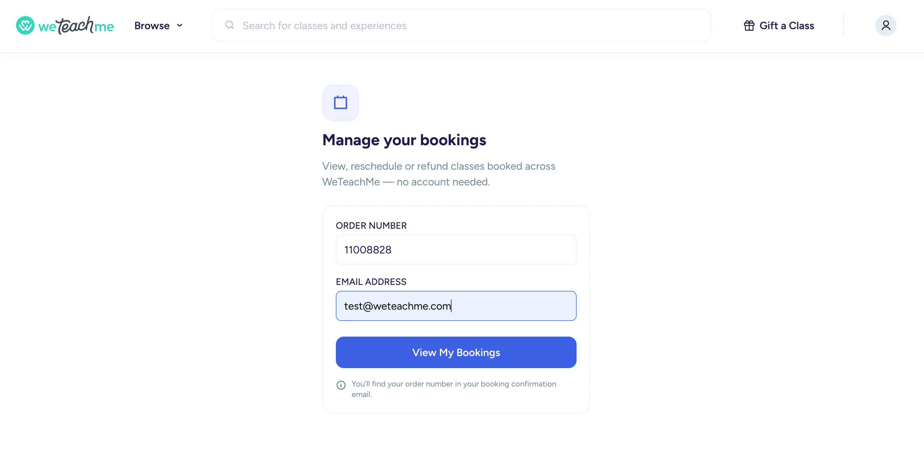 The customer sign-in screen — order number and email, no password