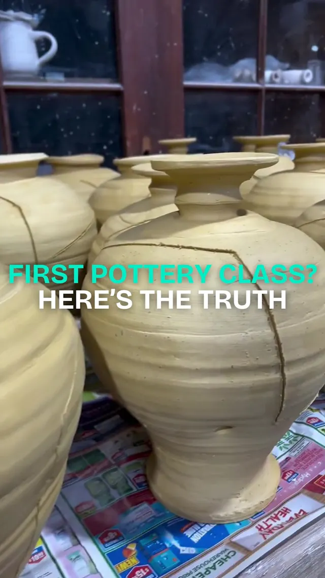 Beginner pottery class reel showing hands shaping clay on a wheel and finished ceramic mugs, promoting first-time pottery classes on WeTeachMe