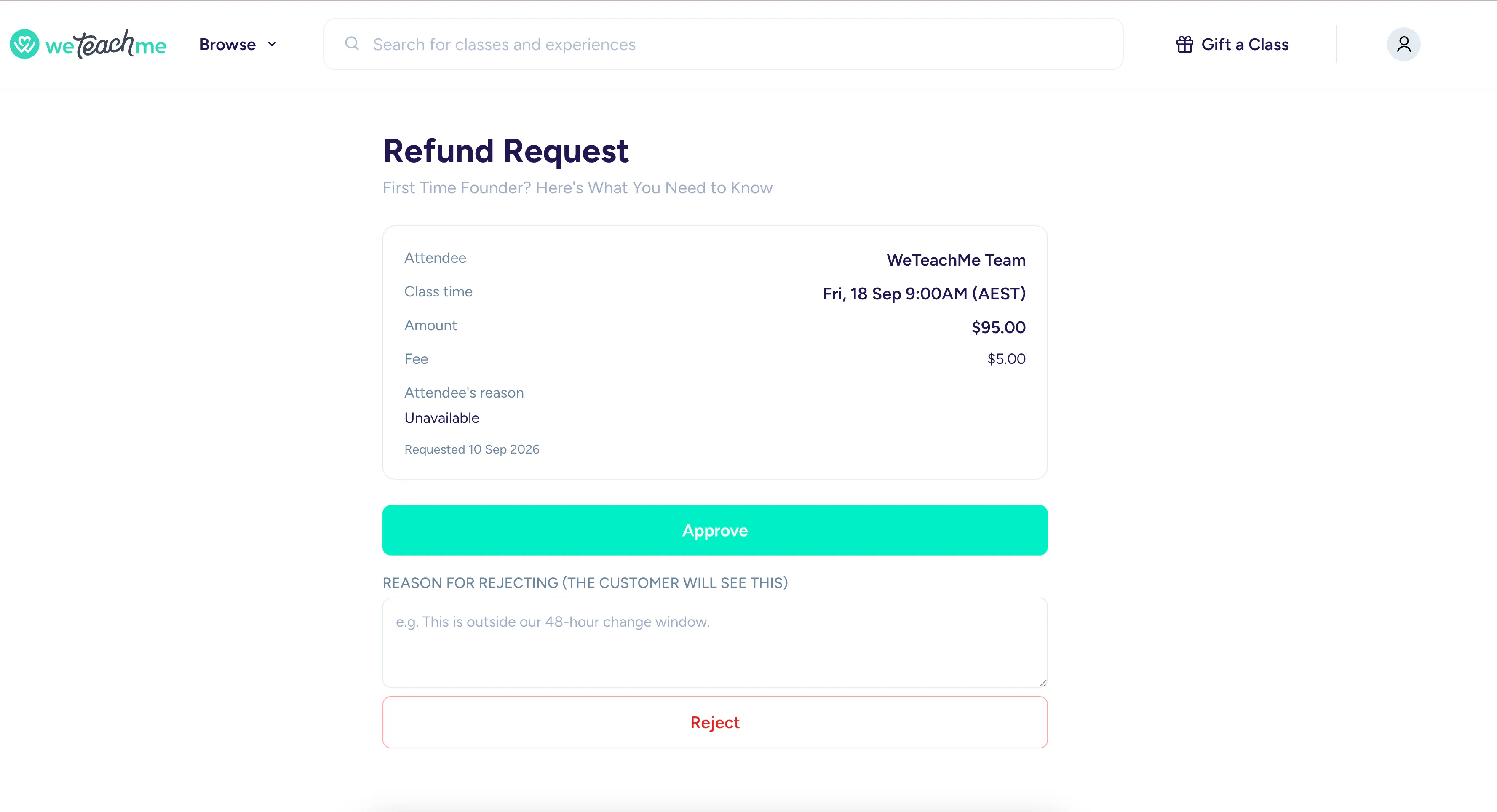 The approval screen in your dashboard where you approve or decline the request